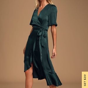Wrapped Up In Love Dark Green Satin Faux-Wrap Midi Dress